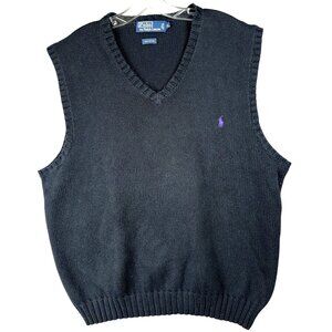 Vintage Polo Ralph Lauren Sweater Vest Men XL Navy Blue V-Neck Cable Knit Cotton